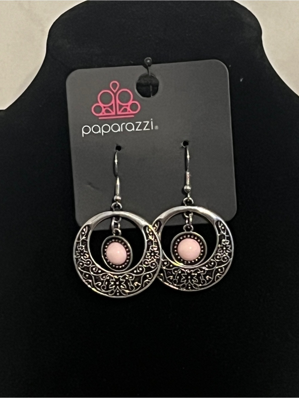 Paparazzi Silver Filigree Hoop Earrings with Pink Center